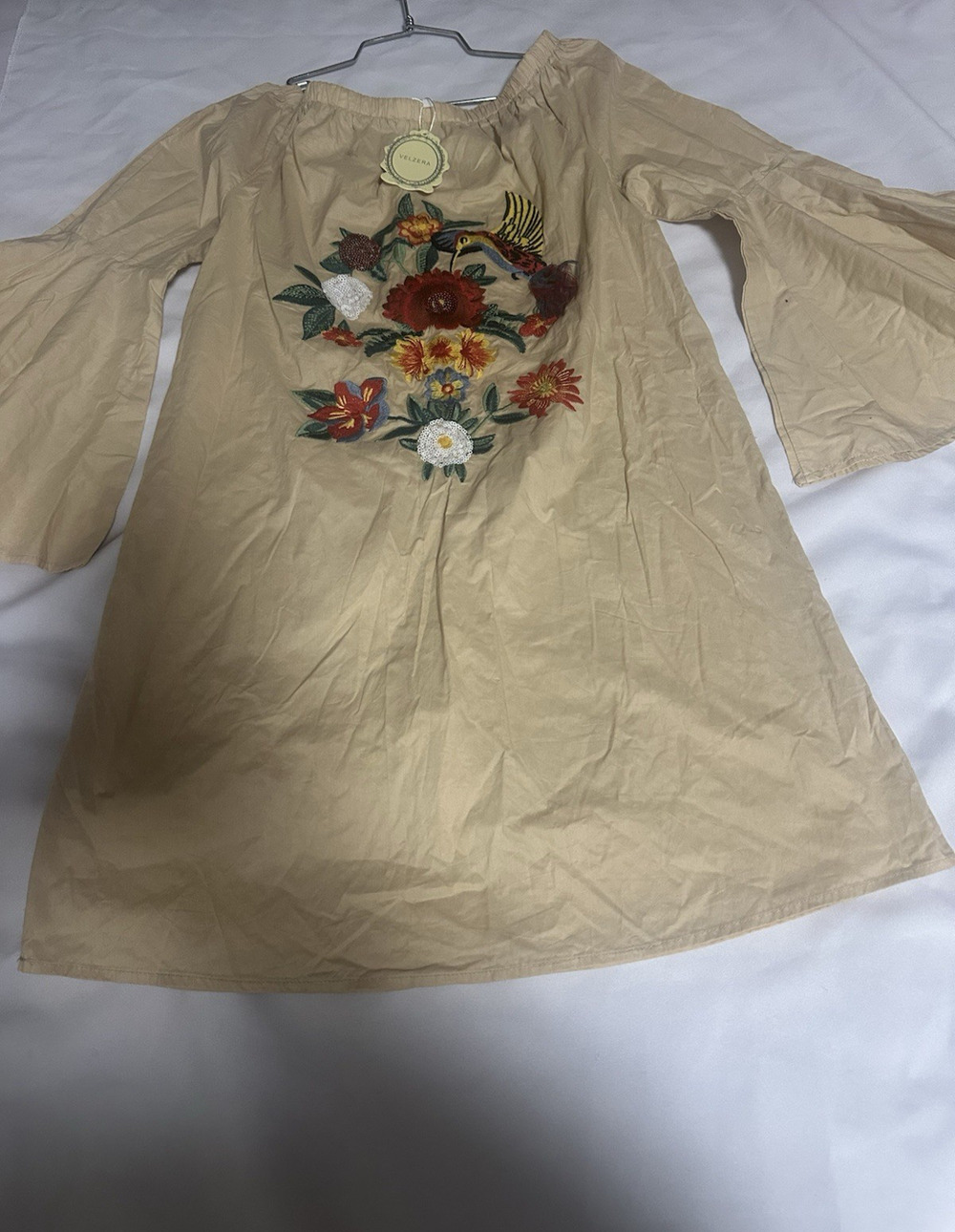 Velzera S Embroidered Linen Look Tunic Dress Boho Folk Vita Kin Inspired Tan NWT